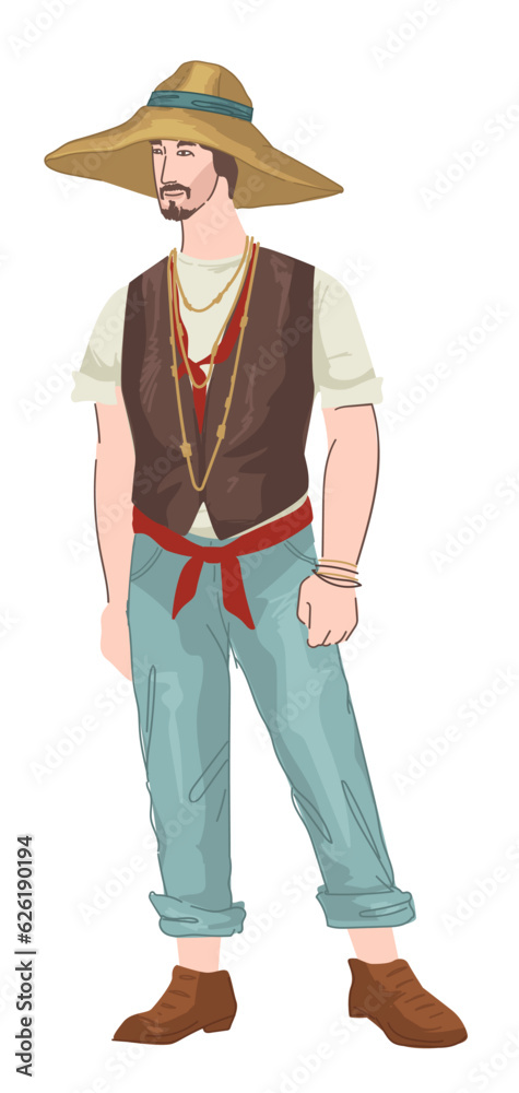 Chinese man wearing traditional straw hat vector Chinese man wearing traditional straw hat vector
