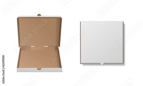 3d realistic vector icon illustration set. Open and closed cardboard pizza boxes.
