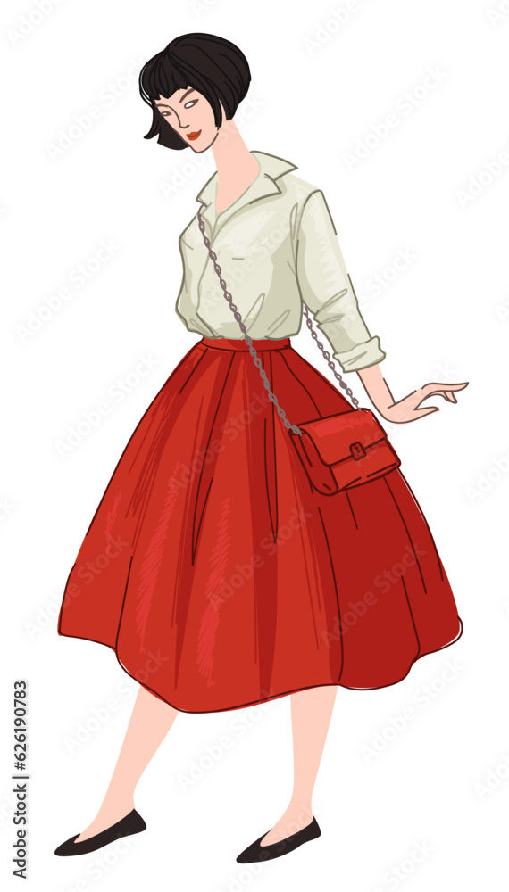 French clothing style, woman in skirt and shirt French clothing style, woman in skirt and shirt