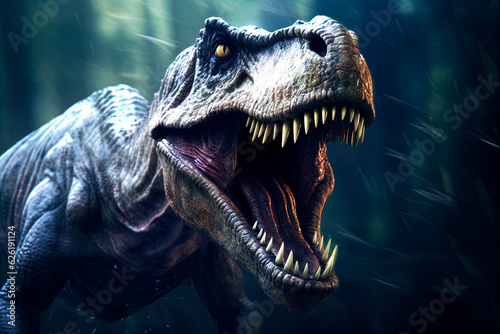 Angry t-rex growls with open mouth. Generative AI