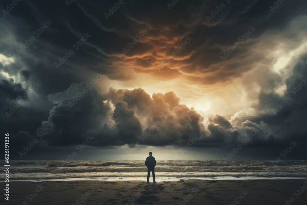 Lonely, depressed man standing alone on a desolate beach, burdened by negative thoughts. Depression and anxiety concept. Ai generated