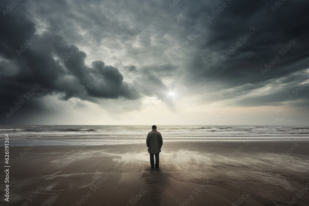 Lonely, depressed man standing alone on a desolate beach, burdened by negative thoughts. Depression and anxiety concept. Ai generated