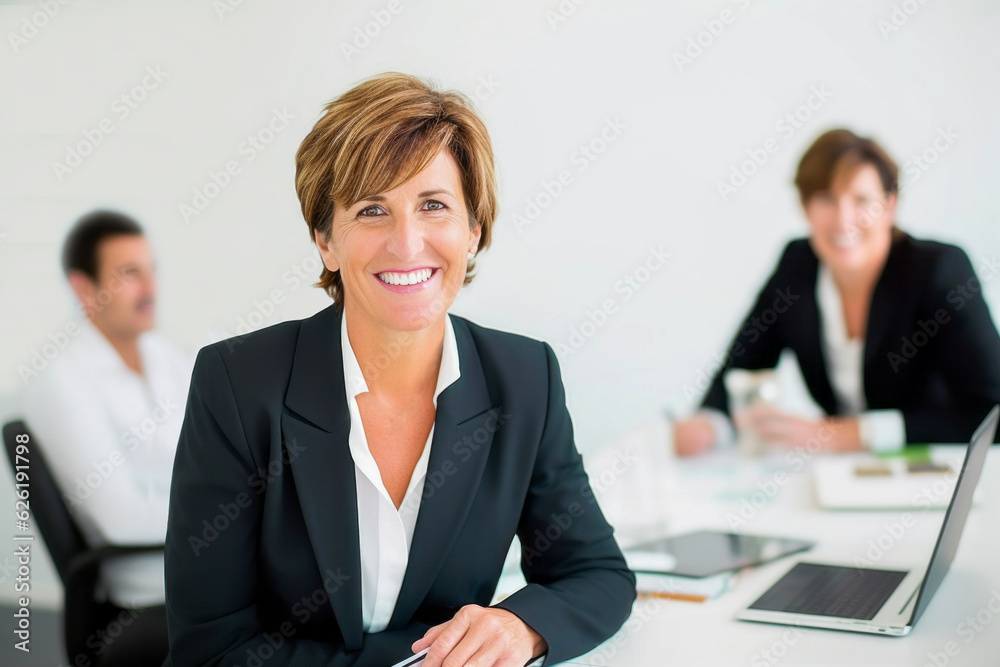 Confident caucasian mature businesswoman looking at the viewer, in a modern office business meeting. Confident caucasian mature businesswoman looking at the viewer, in a modern office business meeting.