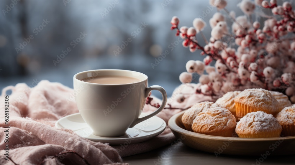 A cup of coffee and pastries on a table with soft pink textile. A cup of coffee and pastries on a table with soft pink textile.