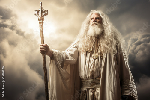 White-bearded wizard dressed in flowing white robes, casting a powerful spell with his majestic scepter, evoking a world of magic and wonder. Ai generated