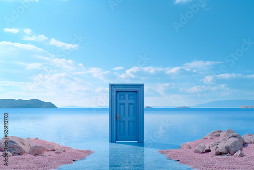 Surreal is a fantastic futuristic lake with pink shores and a door in the middle of the lake. The concept of psychedelia and escapism. Generated AI.