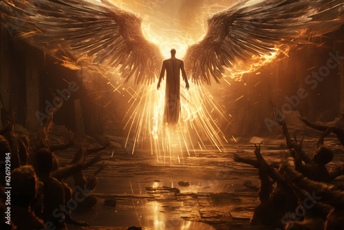 Angel surrounded by menacing dark forces and demons, showcasing the epic clash of light and darkness. Ai generated