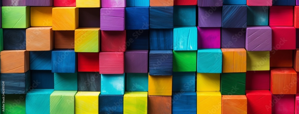 Fototapeta premium Colorful Wooden Cubes Background with Vibrant Hues and Copy Space, Generative AI