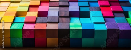 Colorful Building Blocks Arranged in a Row on a Table, Copy Space, Generative AI photo