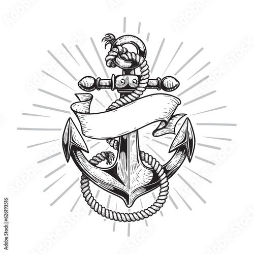 Hand drawn anchor sketch style with blank ribbon. Retro nautical symbol, logo design element. Vector illustrations.