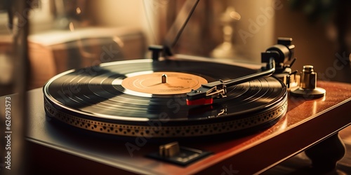 AI Generated. AI Generative. Retro vintage antique sound music audio vinyl player record box at cozy home. Graphic Art