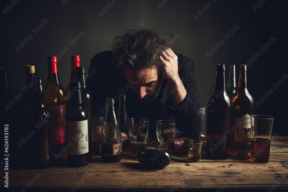 Depressed, drunk, and depraved man slumped over a table, surrounded by ...