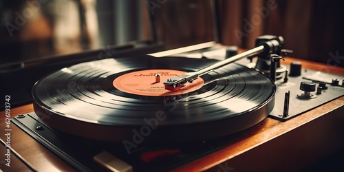 AI Generated. AI Generative. Retro vintage antique sound music audio vinyl player record box at cozy home stay view style background