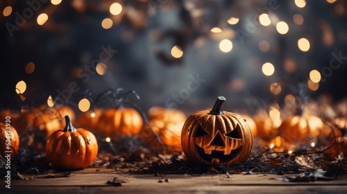 Halloween celebration background with pumpkin monster, light, and other decorations.  © ANEK