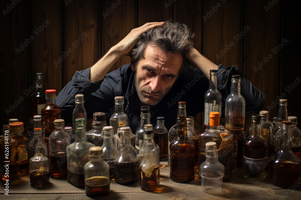 Depressed, drunk, and depraved man slumped over a table, surrounded by empty bottles, symbolizing the downward spiral of alcohol dependency. Ai generated Depressed, drunk, and depraved man slumped over a table, surrounded by empty bottles, symbolizing the downward spiral of alcohol dependency. Ai generated