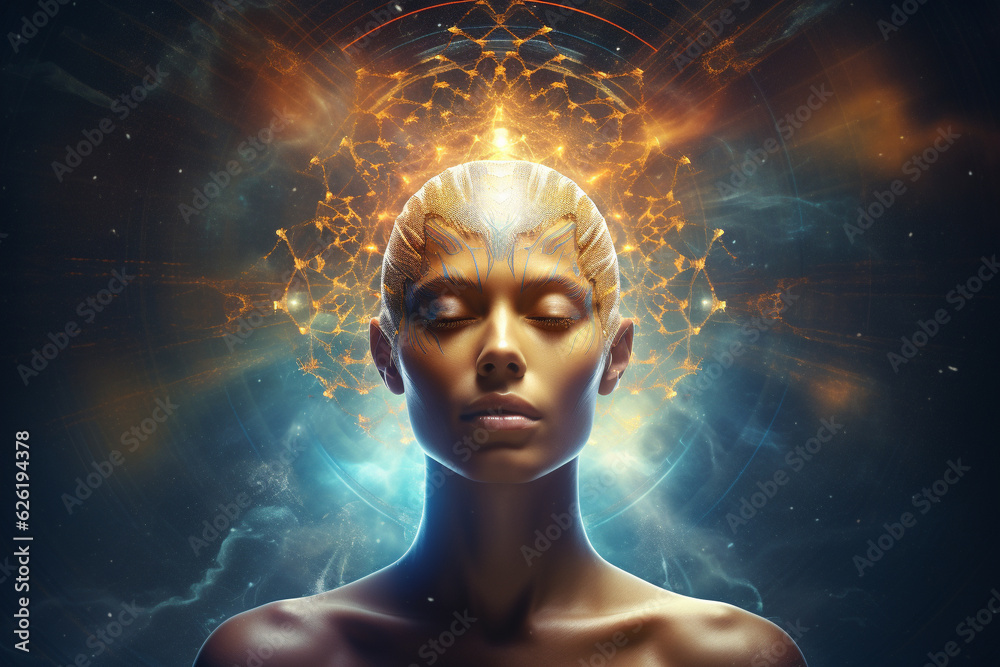Woman enveloped by an expansive universe of thoughts, memories, and