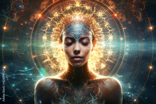 Tela Woman enveloped by an expansive universe of thoughts, memories, and mental programs that emerge from her subconscious mind