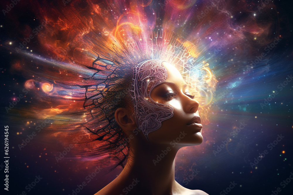 Woman enveloped by an expansive universe of thoughts, memories, and mental programs that emerge from her subconscious mind. Ai generated Woman enveloped by an expansive universe of thoughts, memories, and mental programs that emerge from her subconscious mind. Ai generated