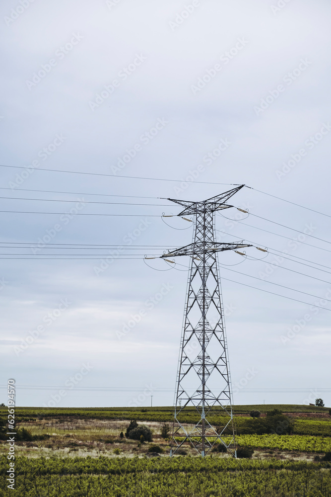 Paysage rural avec un pylône électrique et des lignes haute tension