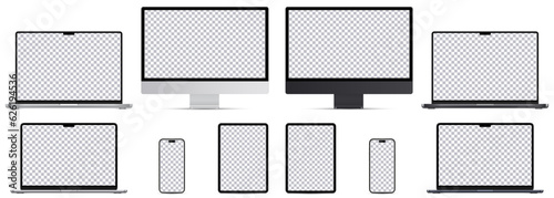 Mock-up screen 2023-2024 yers. Set devices silver and black colors. Laptop pro and air, Computer monitor, Tablet and Smartphone with blank screens for you design. Vector illustration EPS10
