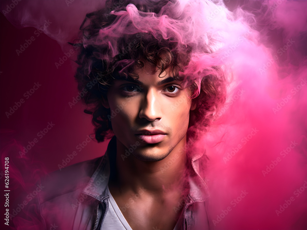 Fashion surreal Concept. Closeup portrait of stunning handsome man with curly hair surround dissolve in pink swirling flowing smoke fog. illuminated with dynamic composition and dramatic lighting
