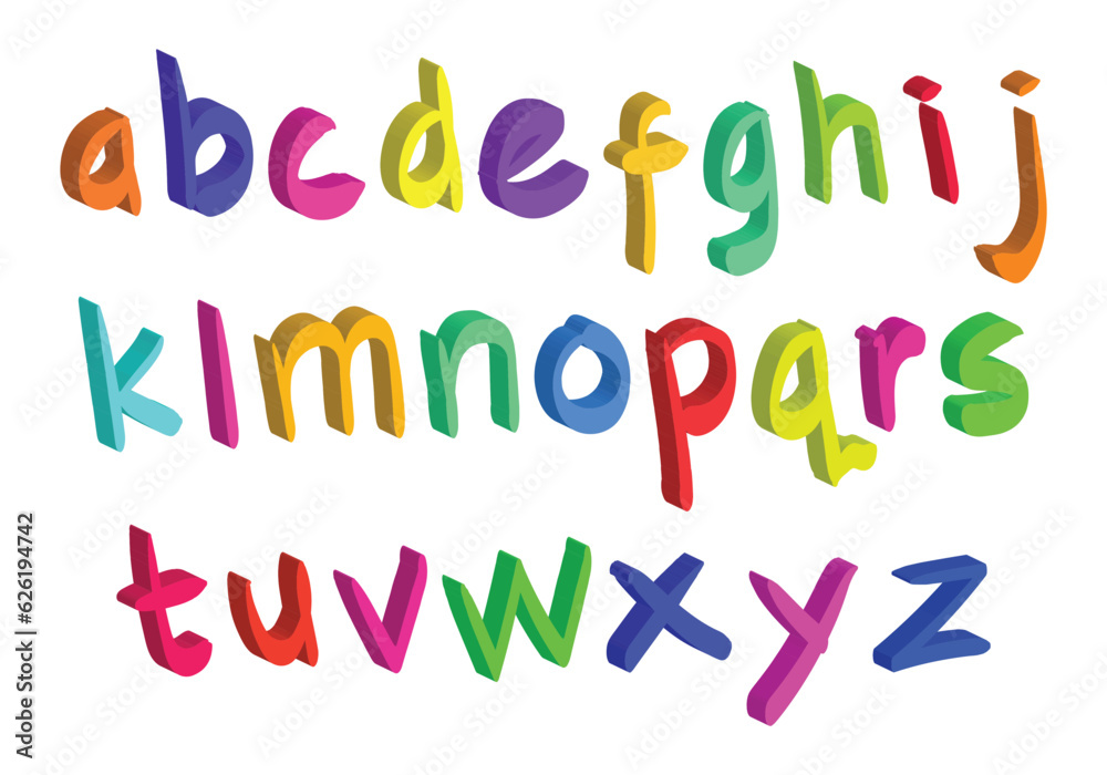 Colorful hand drawn font bundle. 3d lowercase alphabetical typography design set.