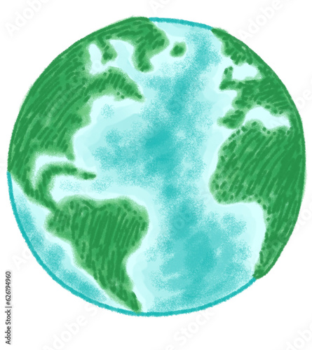 Hand drawing colorful planet earth, world map, illustration isolated on white background. Hand drawn pastel, crayon, oil pastel and chalk paint