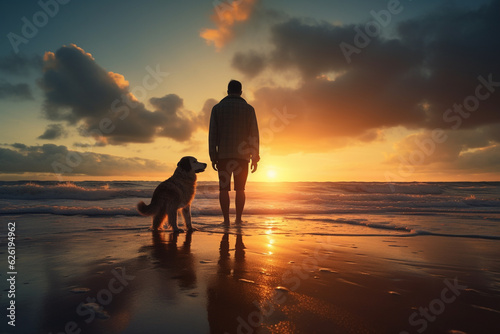 Timeless bond between a man and his loyal canine companion, as they share a serene and heartwarming sunset walk along the beautiful beach. Ai generated © twindesigner