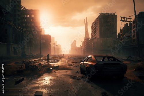 Generative AI illustration of post-apocalyptic city, Generative AI
