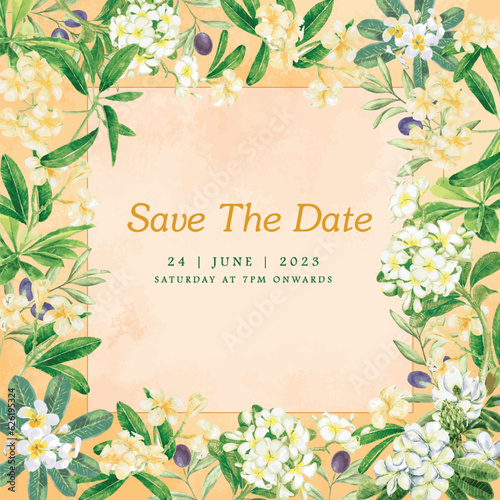 Botanical Wedding Invitation Card, Save The Date Template Design, Tropical Plumeria Flowers and Leaves in modern style vector illustration.