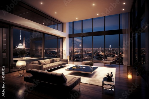 Generative AI illustration of luxury penthouse at night, Generative AI photo