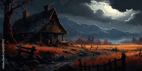 AI Generated. AI Generative. Vintage retro antique old abandoned village house. Night moon dark wooden halloween scary boo countryside building view background 