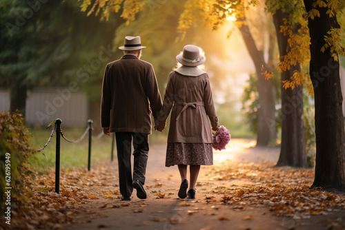 Enduring love and devotion of an old couple as they hold hands and walk together through a picturesque autumn park, celebrating a lifetime of affection and cherished memories. Ai generated