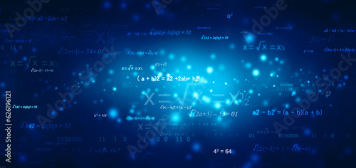 Mathematical formulas floating on technology background, Education and math science concept, Concept of calculation and search of various data photo