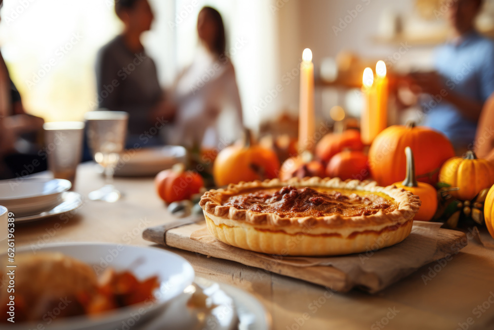 Thanksgiving family dinner. Pumpkin pie and vegan meal close up, with blurred happy people around the table celebrating the holiday.