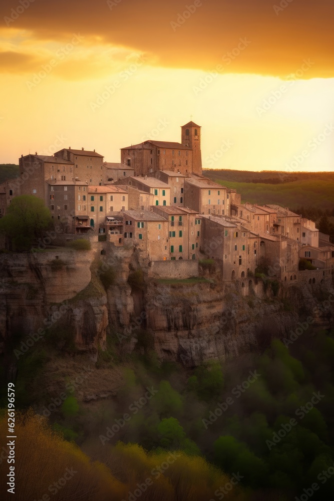 Pitigliano town at sunset, Tuscany, Italy, Generative AI