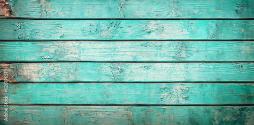 immagine di sfondo, superficie con doghe di legno logoro e grezzo verniciate in color turchese, vista dall'alto, Generative Ai