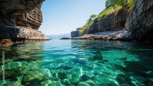 A breathtaking view of a coastal cave, its mouth opening to a serene, turquoise sea under a clear sky.