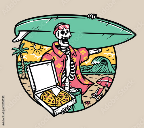 the skull carries a surfboard and pizza