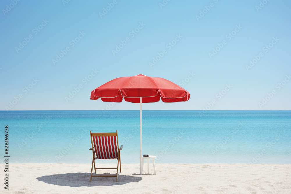 Red umbrella next to a comfortable chair on a turquoise beach, inviting viewers to indulge in the tranquil ambiance of a beachside getaway. Ai generated