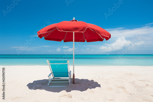 Red umbrella next to a comfortable chair on a turquoise beach  inviting viewers to indulge in the tranquil ambiance of a beachside getaway. Ai generated