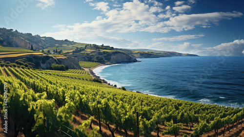 Fotografie, Obraz A panoramic view of a coastal vineyard, the rows of vines descending towards the sparkling sea