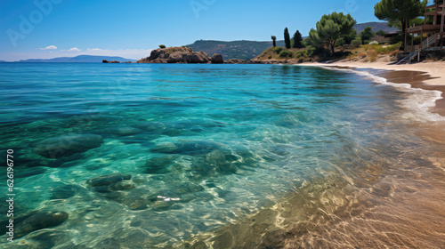 An idyllic coastal scene with a pristine sandy beach, the turquoise sea lapping gently under the warm sun.