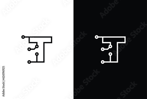 Letter T tech letter design. Technology abstract dot connection cross vector logo icon circle logotype.