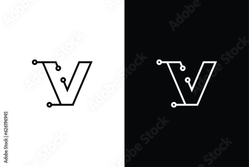 Letter V tech letter design. Technology abstract dot connection cross vector logo icon circle logotype.