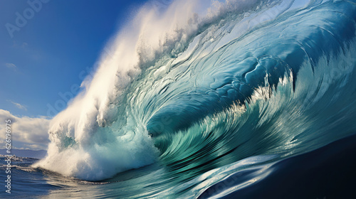 A wave curling over itself, forming a mesmerizing whirl of froth and bubbles against the deep blue sea.