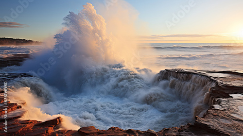 A spectacular sight of a geyser erupting on a rugged coastal plain, steaming water jetting into the cold air. photo