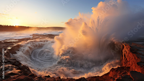 A spectacular sight of a geyser erupting on a rugged coastal plain, steaming water jetting into the cold air.