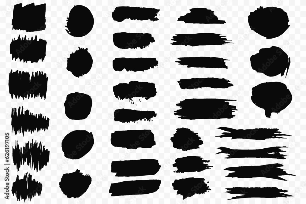 Set of vector brushes. Black brush stroke. Text frames and grunge patches. Set of vector brushes. Black brush stroke. Text frames and grunge patches.