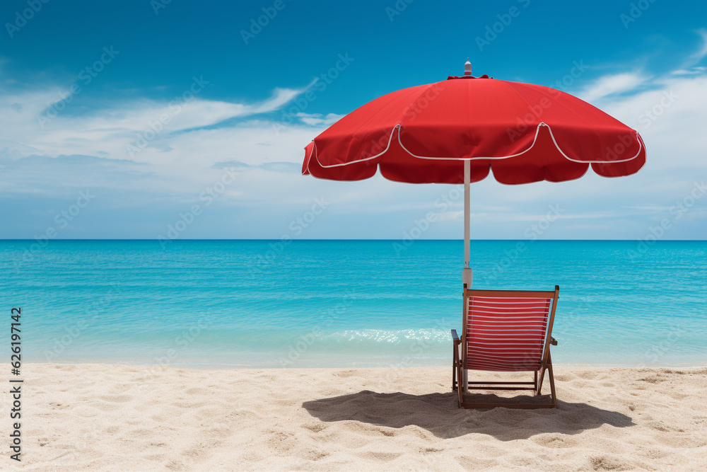 Red umbrella next to a comfortable chair on a turquoise beach, inviting viewers to indulge in the tranquil ambiance of a beachside getaway. Ai generated Red umbrella next to a comfortable chair on a turquoise beach, inviting viewers to indulge in the tranquil ambiance of a beachside getaway. Ai generated